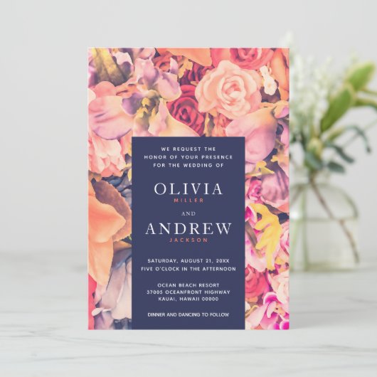 ネイビーモダンコーラルウォーター色のフローラ結婚ズ 招待状 (スタンド正面)