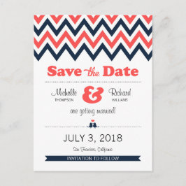 ネイビーモダンコーラルシェブロンLovebirds Save the Date 案内ポストカード