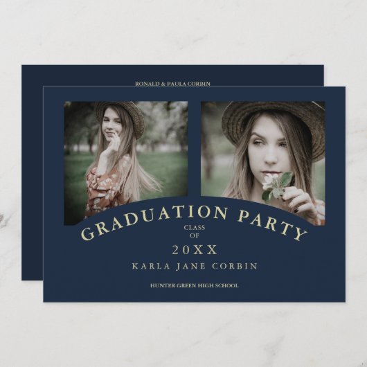 ネイビーモダンシックエレガント卒業式パーティー2枚 招待状 (正面/裏面)