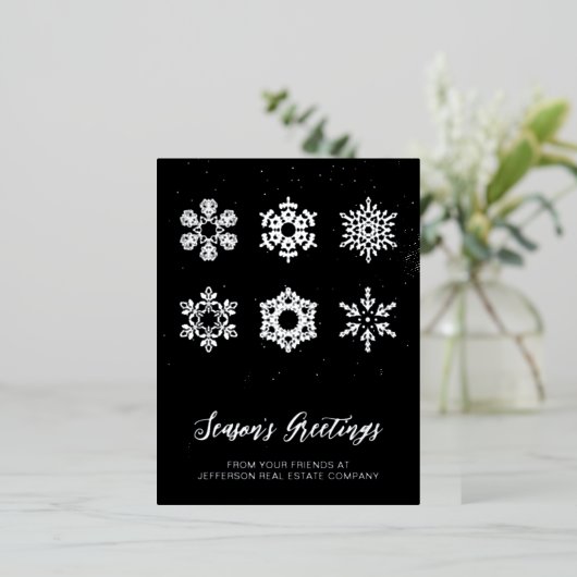 ネイビーモダンシルバー・スノーフレーク・ビジネス 箔シーズンポストカード (立ち正面)