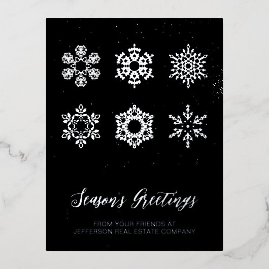 ネイビーモダンシルバー・スノーフレーク・ビジネス 箔シーズンポストカード (正面)