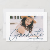 ネイビーモダンスクリプト写真卒業パーティー 招待状 (正面)