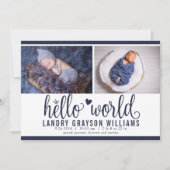 ネイビーモダンハローワールドフォトコラージュ誕生Stat 案内状 (正面)