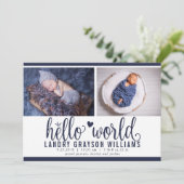 ネイビーモダンハローワールドフォト誕生統計 案内状 (スタンド正面)