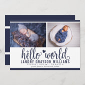 ネイビーモダンハローワールドフォト誕生統計 案内状 (正面/裏面)