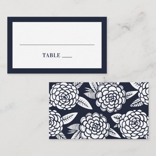 ネイビーモダンフローラ結婚ズ。青エレガント花 プレイスカード (正面/裏面)