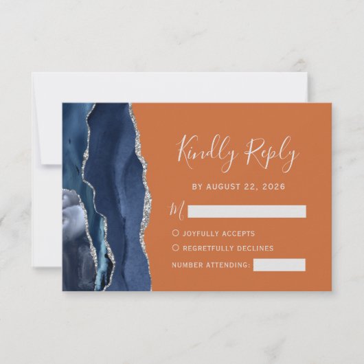 ネイビーモダンブルシルバーアゲートオレンジ結婚ズ 出欠カード (正面)