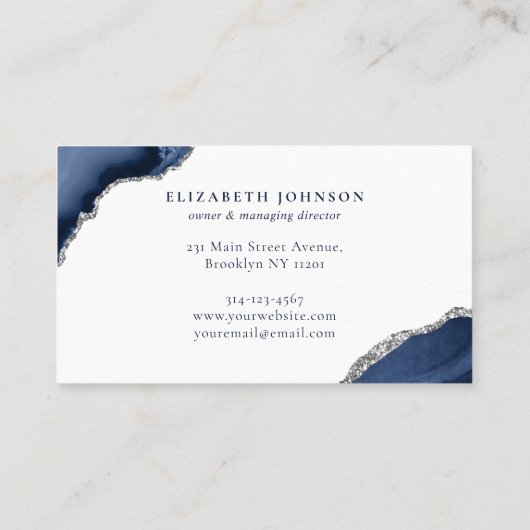 ネイビーモダンブルシルバーグレーグリッターアゲートマーブル 名刺 (裏面)