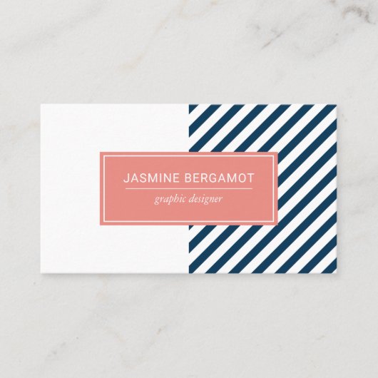 ネイビーモダンブルーとコーラルグラフィックストライプの 名刺 (正面)