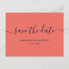 ネイビーモダンブルーとサンゴの結婚式の日付を保存 案内ポストカード