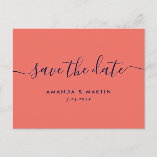 ネイビーモダンブルーとサンゴの結婚式の日付を保存 案内ポストカード (正面)