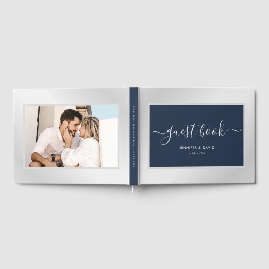 ネイビーモダンブルーとシルバーの結婚写真 ゲストブック (全面)