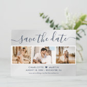 ネイビーモダンブルーとシルバー結婚の4枚の写真 セーブザデート (スタンド正面)