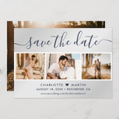 ネイビーモダンブルーとシルバー結婚の4枚の写真 セーブザデート (正面/裏面)