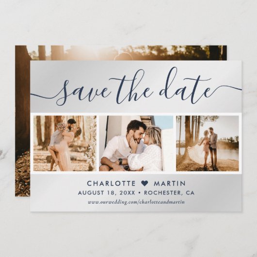 ネイビーモダンブルーとシルバー結婚の4枚の写真 セーブザデート (正面/裏面)