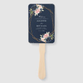 ネイビーモダンブルーとブルーのピンクの結婚式プログラム ハンドファン (正面)