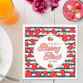 ネイビーモダンブルーとホワイトストライプベリー最初 スタンダードカクテルナプキン