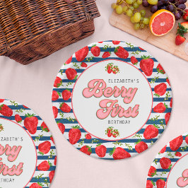 ネイビーモダンブルーとホワイトストライプベリー最初 ペーパープレート