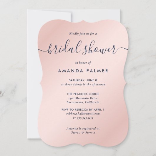 ネイビーモダンブルーと赤面ブライダルシャワー 招待状 (正面)