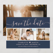 ネイビーモダンブルーと赤面結婚の4枚の写真 セーブザデート (正面/裏面)