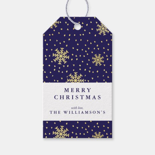 ネイビーモダンブルーと金ゴールドスノーフレークのクリスマス ギフトタグ (正面)