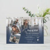 ネイビーモダンブルーのミニマル写真卒業 招待状 (スタンド正面)