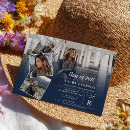 ネイビーモダンブルーのミニマル写真卒業 招待状