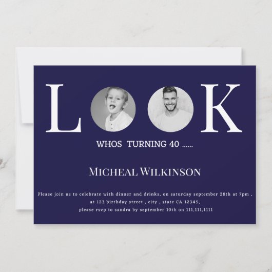 ネイビーモダンブルーの誕生日40歳の写真を見る 招待状 (正面)