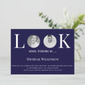 ネイビーモダンブルーの誕生日40歳の写真を見る 招待状 (スタンド正面)