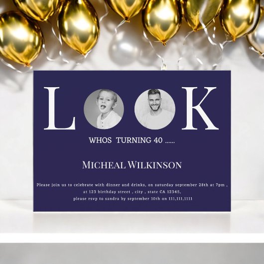 ネイビーモダンブルーの誕生日40歳の写真を見る 招待状