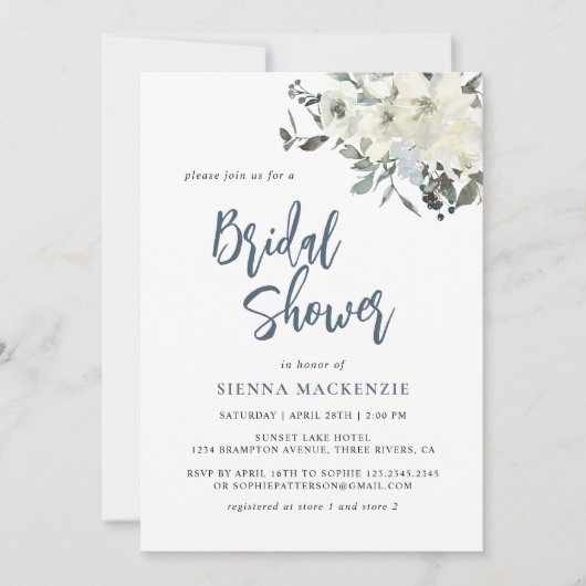 ネイビーモダンブルーアイボリーフローラブライダルシャワー 招待状 (正面)