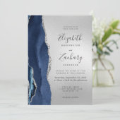 ネイビーモダンブルーアゲートシルバー結婚ズ 招待状 (スタンド正面)