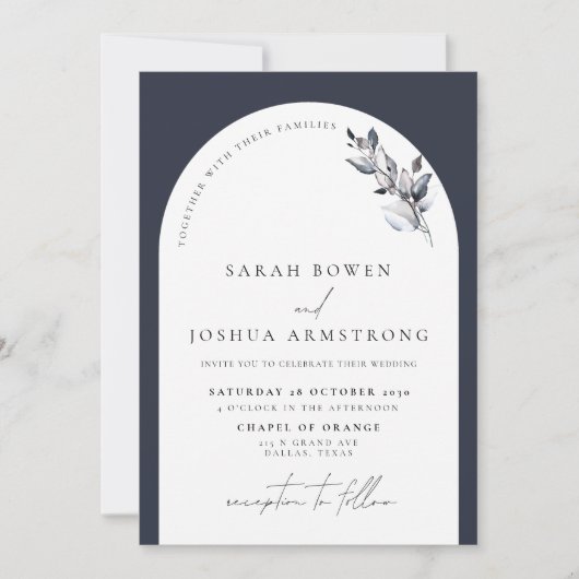 ネイビーモダンブルーアーチ植物写真結婚ズ 招待状 (正面)