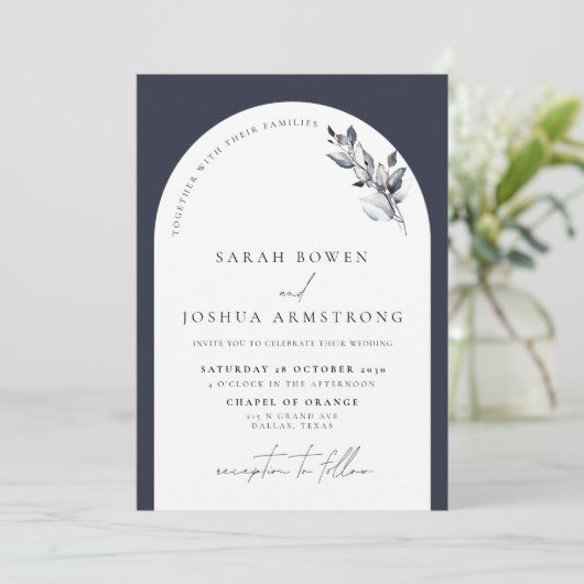 ネイビーモダンブルーアーチ植物写真結婚ズ 招待状 (スタンド正面)