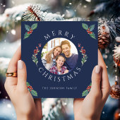 ネイビーモダンブルーウィンターボタニカルクリスマスフォト シーズンカード
