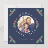 ネイビーモダンブルーウィンターボタニカルクリスマスフォト シーズンカード (正面)