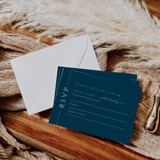 ネイビーモダンブルーウェディング招待RSVP返信カード 出欠カード