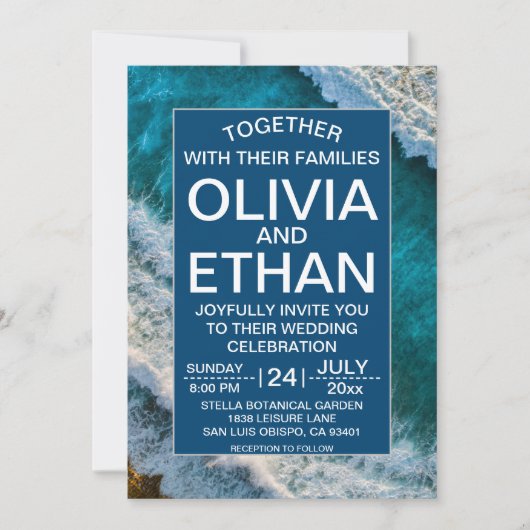 ネイビーモダンブルーウェーブズサマービーチ結婚式 招待状 (正面)