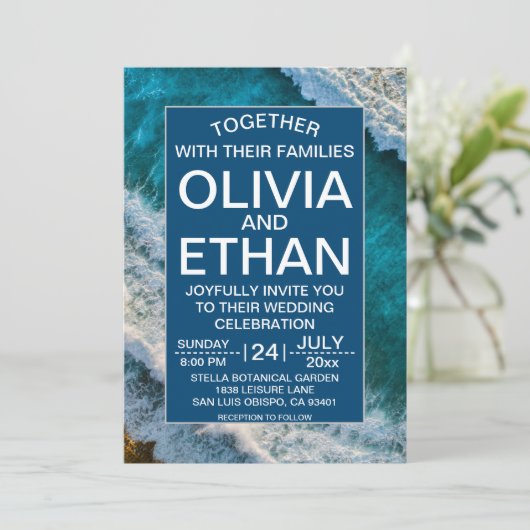 ネイビーモダンブルーウェーブズサマービーチ結婚式 招待状 (スタンド正面)