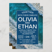 ネイビーモダンブルーウェーブズサマービーチ結婚式 招待状 (正面/裏面)