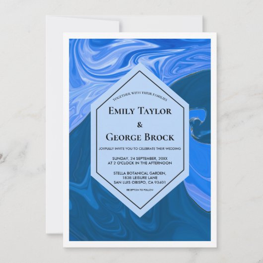 ネイビーモダンブルーウェーブ結婚抽象芸術芸術的ズ 招待状 (正面)