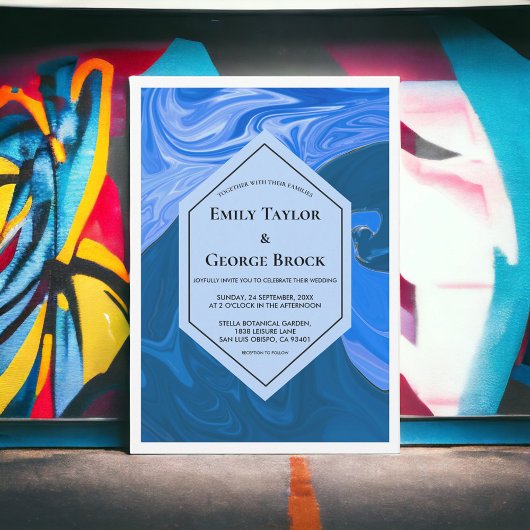 ネイビーモダンブルーウェーブ結婚抽象芸術芸術的ズ 招待状