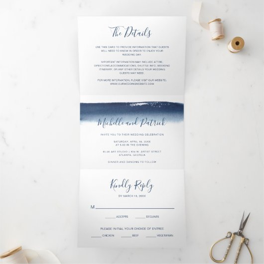 ネイビーモダンブルーウォーターカラーエレガントな結婚式 三つ折り招待状 (内部)