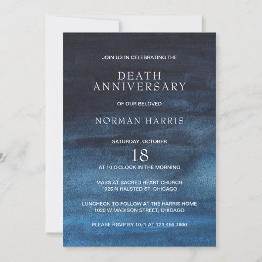 ネイビーモダンブルーウォーター水洗死記念日 招待状 (正面)