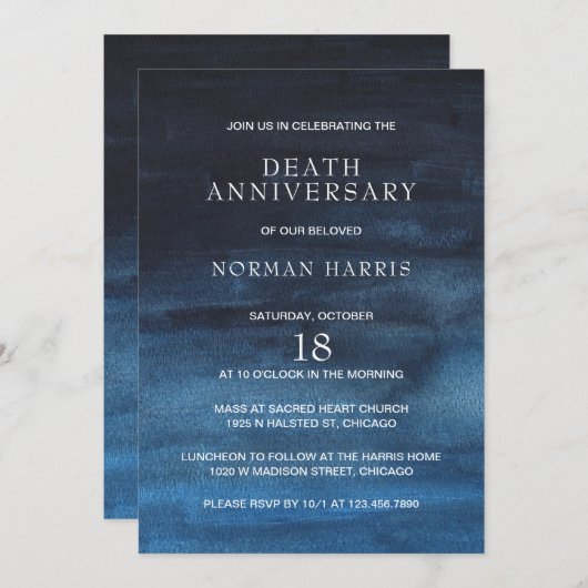 ネイビーモダンブルーウォーター水洗死記念日 招待状 (正面/裏面)