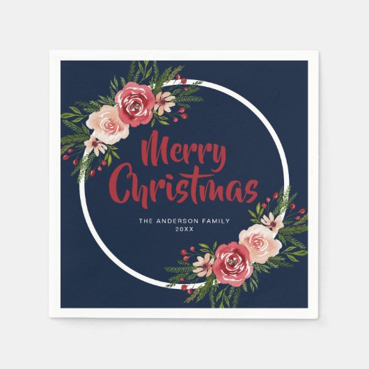 ネイビーモダンブルーウォーター色の花クリスマス スタンダードカクテルナプキン (正面)