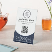 ネイビーモダンブルーカスタムロゴ非接触型メニューOCR 台座サイン (インサイチュ)