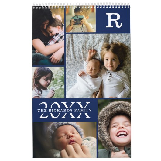 ネイビーモダンブルーカラーブロックファミリーフォトコラージュ カレンダー (カバー)