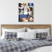 ネイビーモダンブルーカラーブロックファミリーフォトコラージュ キャンバスプリント (インサイチュ (寝室))