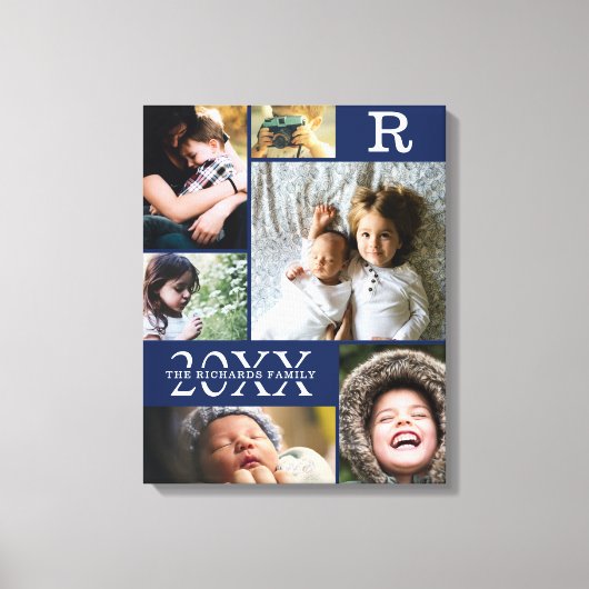 ネイビーモダンブルーカラーブロックファミリーフォトコラージュ キャンバスプリント (正面)